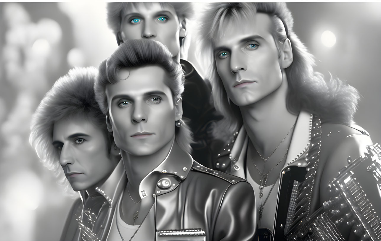 Monochromatic illustration of four men with stylish hair and leather jackets