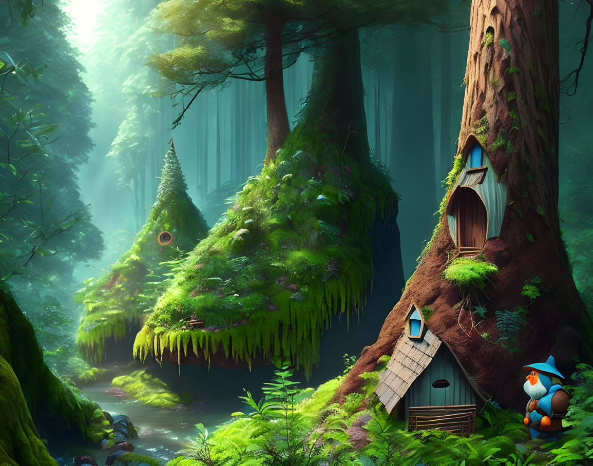 Whimsical enchanted forest with treehouses, greenery, stream, and gnome character