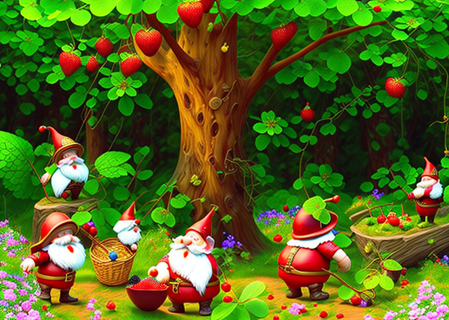 Vibrant animated gnomes collect strawberries in enchanting forest.