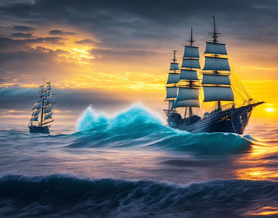 Sailing ships on tumultuous blue waves at dramatic sunset