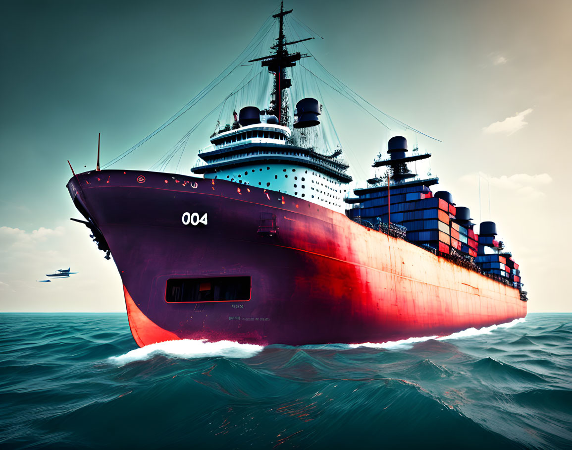 Red-hulled cargo ship with stacked containers at sea with clear sky and distant airplane