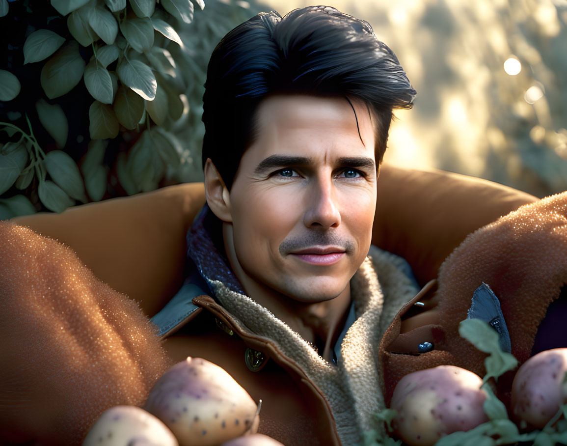 Male character with dark hair and blue eyes in warm light surrounded by foliage wearing a brown jacket