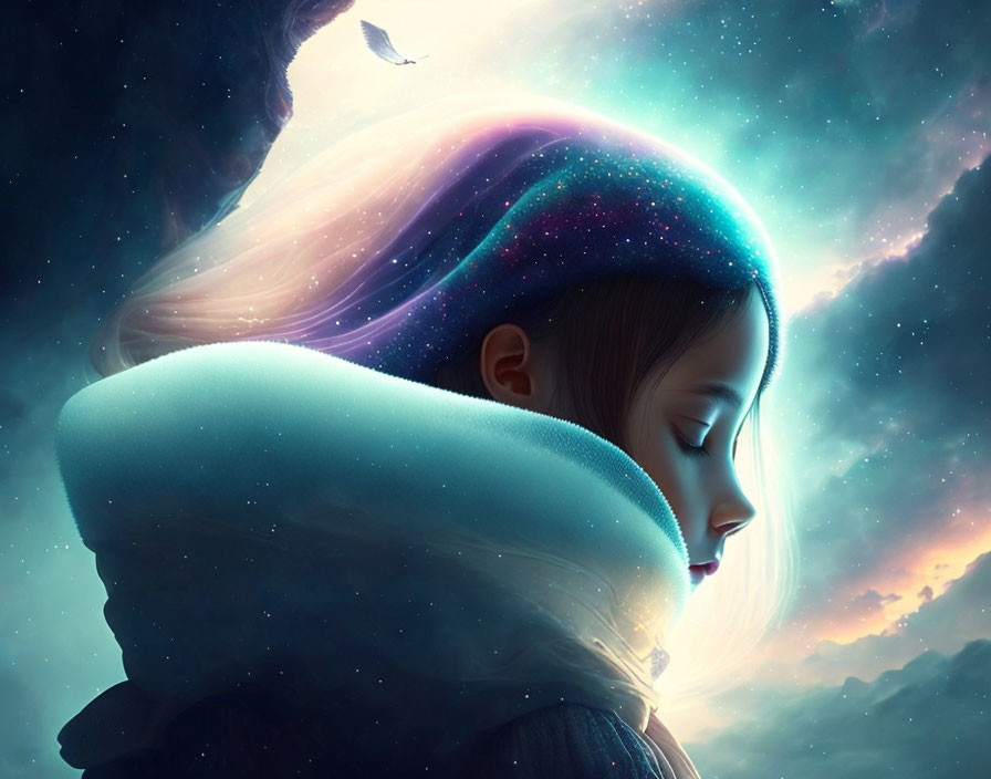 Galaxy-themed hooded girl in serene pose under starlit sky