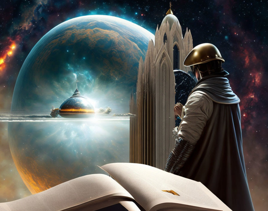 Knight observing cosmic scene with open book, Earth-like planet, and ethereal cathedral.