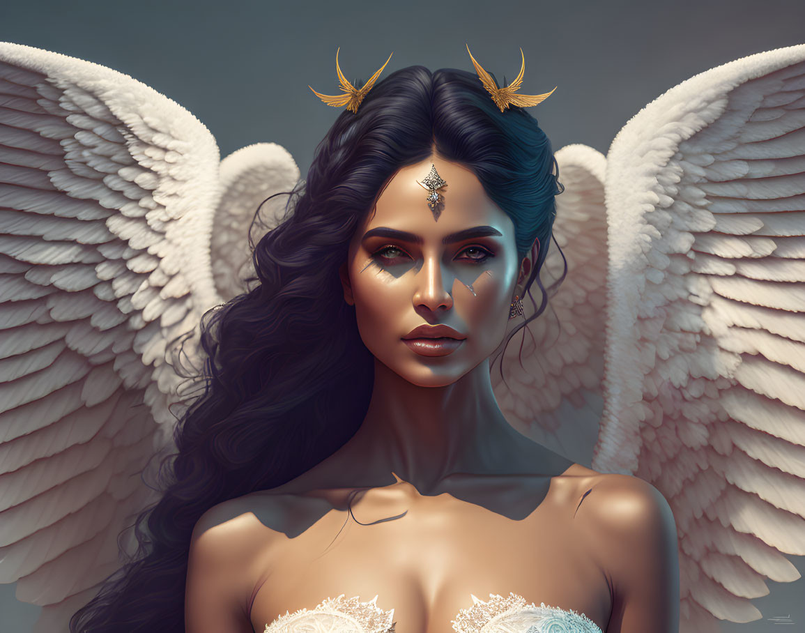 Digital artwork featuring woman with angel wings and golden headpiece