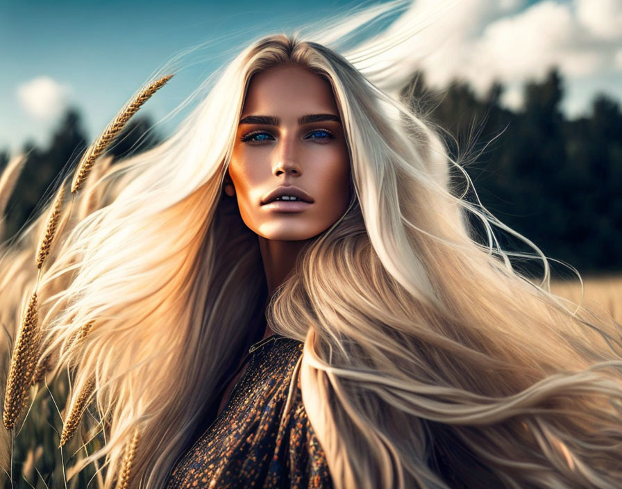 Blond woman with blue eyes in field with wheat stalk