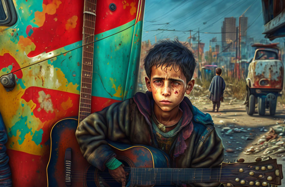 Bruised boy with guitar in urban street scene