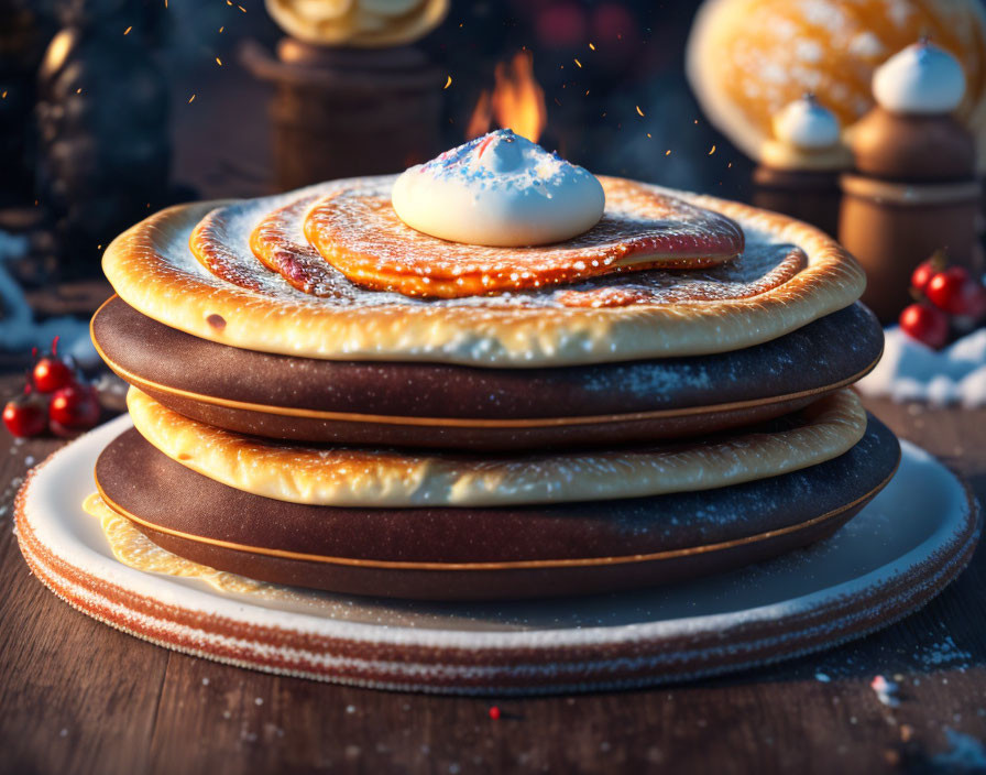 Pancakes with Butter and Syrup, Berries, and Fireplace