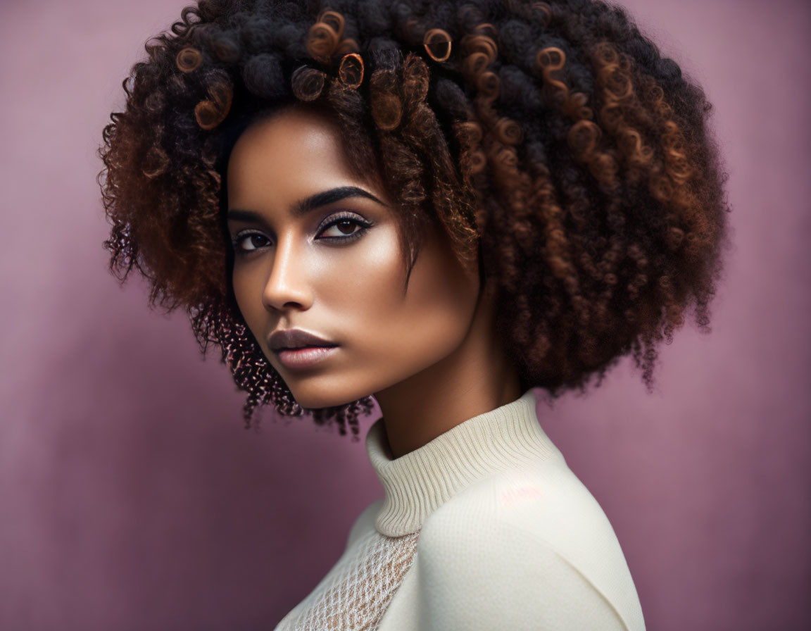 Curly-haired woman with bold makeup on soft purple backdrop wearing turtleneck