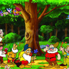 Vibrant animated gnomes collect strawberries in enchanting forest.