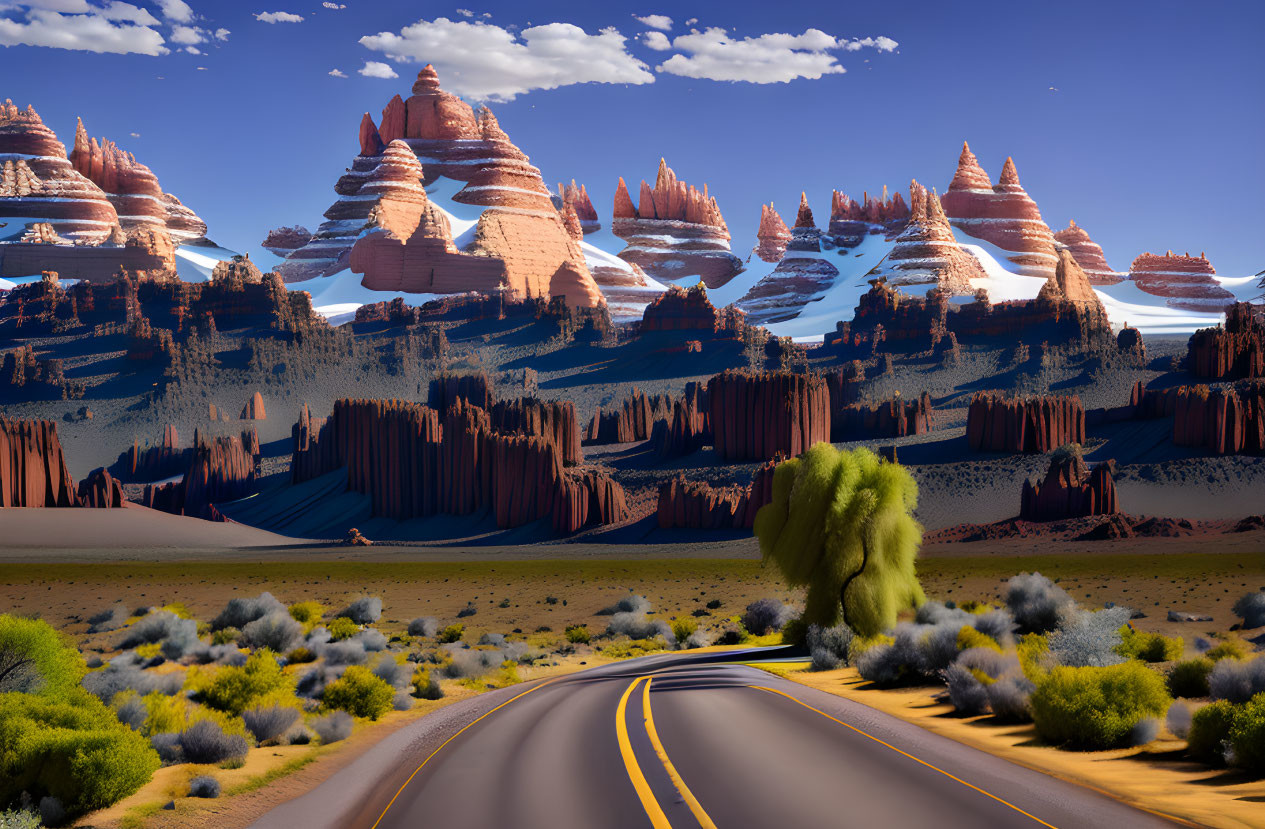 Desert landscape with winding road and red rock formations