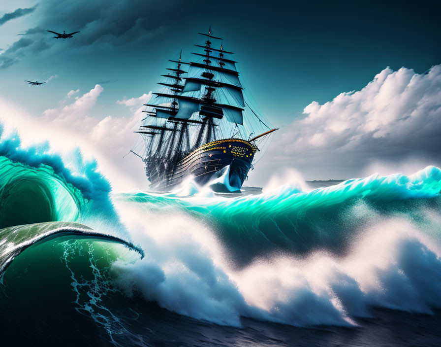 Majestic sailing ship on glowing turquoise waves with dramatic sky