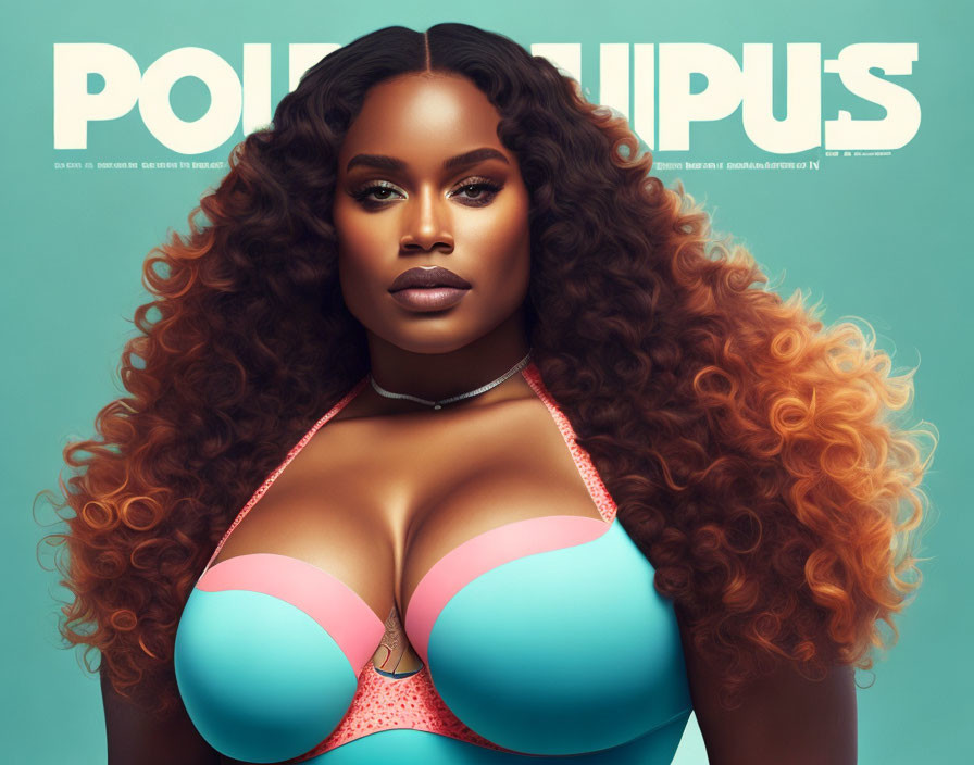 Curly-haired woman in coral bikini on "POPULAR US" magazine cover