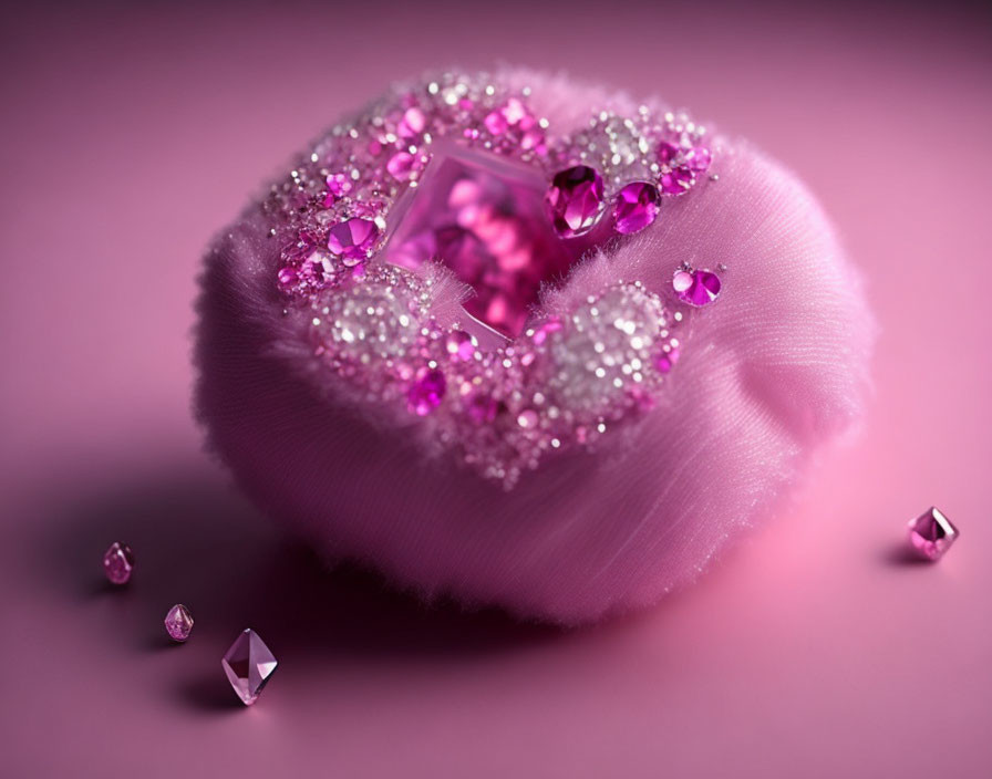 Pink Plush Surface with Sparkling Gemstones and Crystals