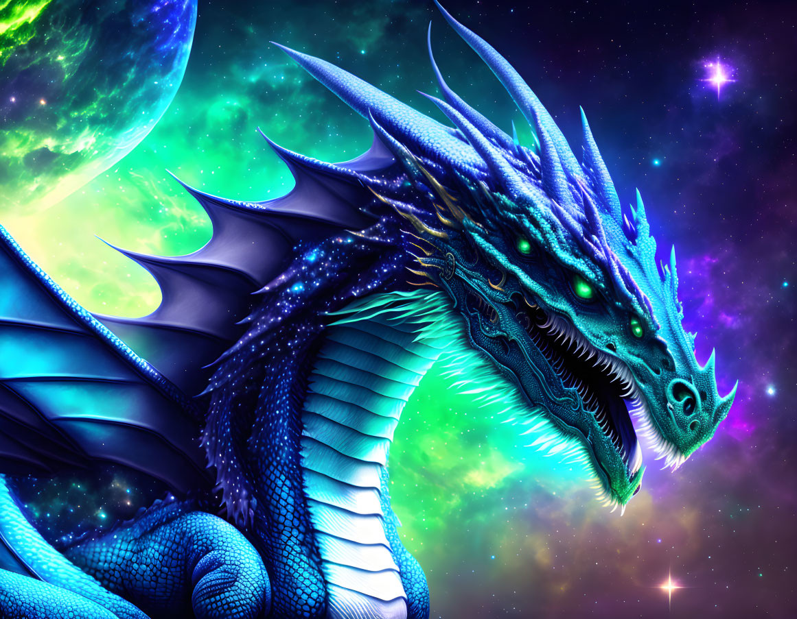 Majestic blue dragon in cosmic digital artwork