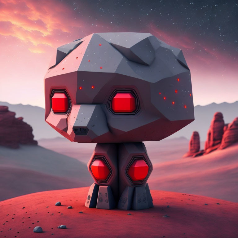 Futuristic robotic structure with red hexagonal lights in desert landscape