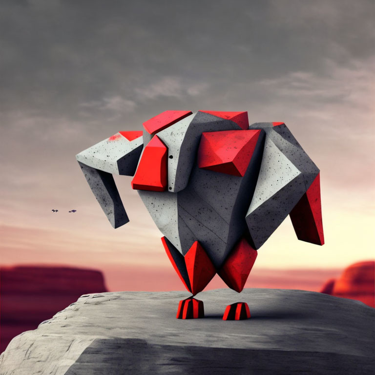 Geometric bear sculpture on rocky cliff under dramatic sky