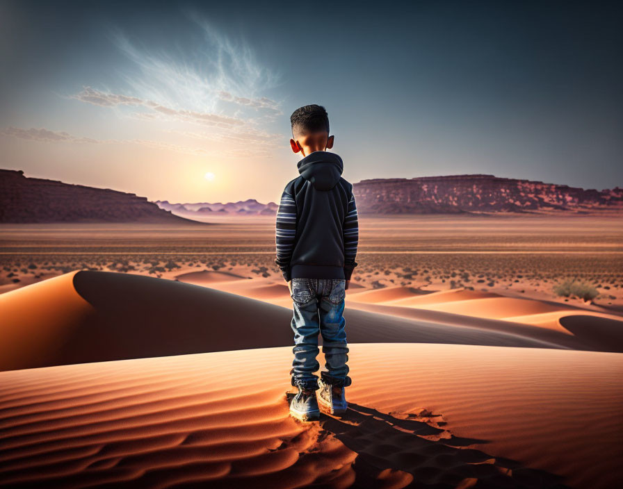 Boy observing sunset in desert with layered ridges and dramatic sky