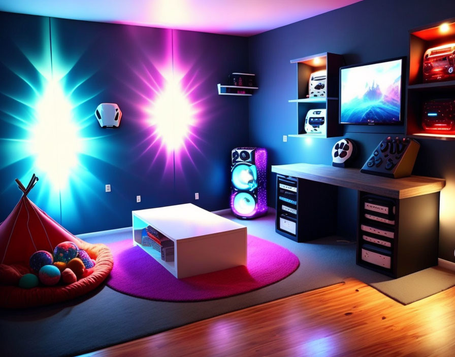 Colorful LED-lit gaming room with multiple screens, gaming gear desk, speaker system, teepee