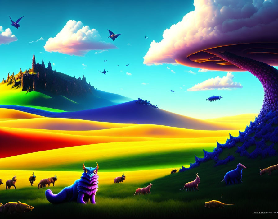 Colorful fantasy landscape with mythical creatures and twisted tree