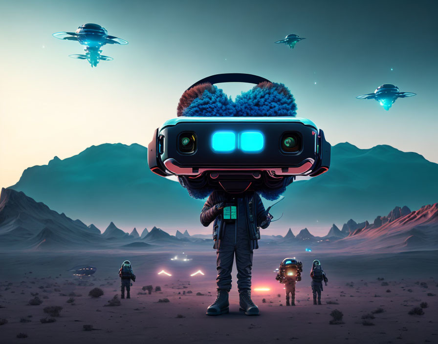 Person in VR headset in futuristic desert with hovering spacecraft