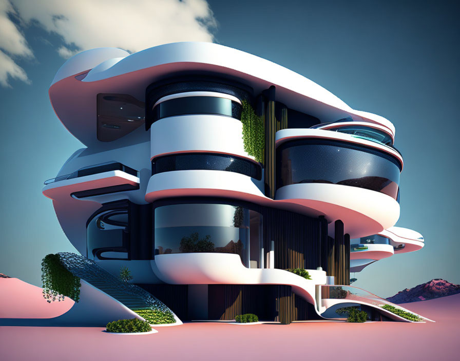 Futuristic multi-tiered building with organic curves and greenery against desert backdrop