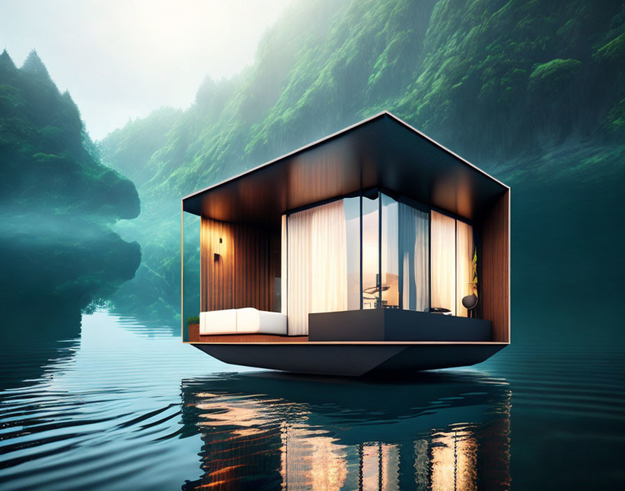 Glass houseboat on calm waters amidst lush green hillside