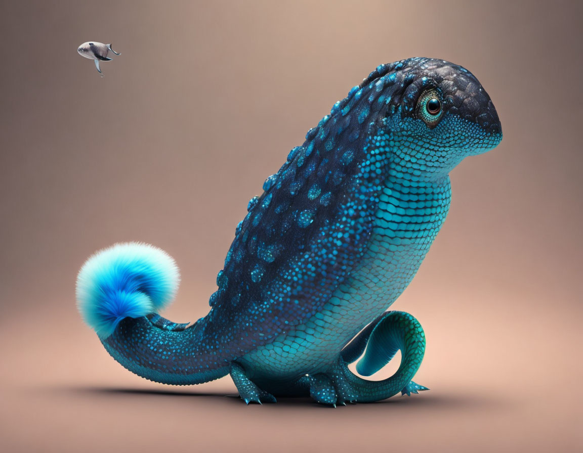 Blue lizard-like creature gazes at flying whale in surreal scene