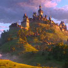 Majestic castle on green hill at sunset with stretching shadows