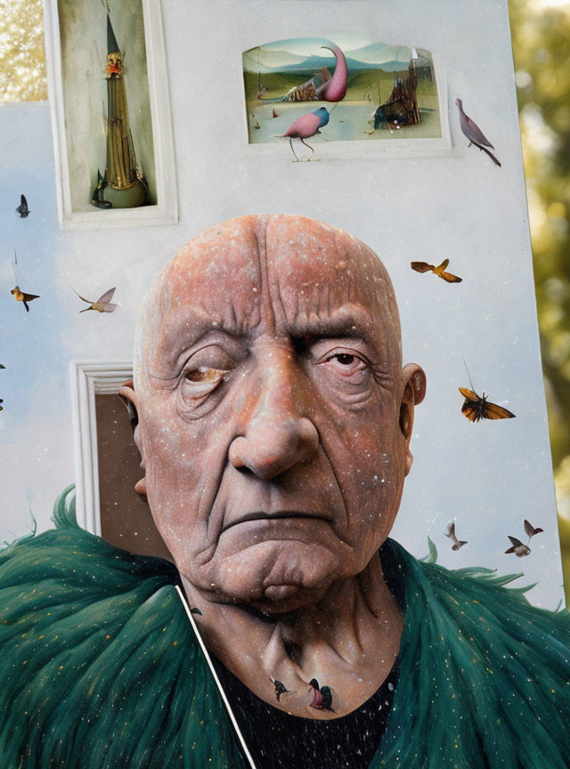 Elderly Man Portrait with Butterflies, Headphones, and Feathered Collar