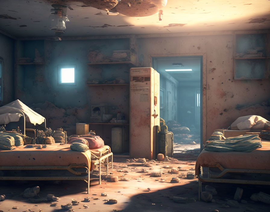 Desolate room with scattered beds, personal items, and debris in sunlight.