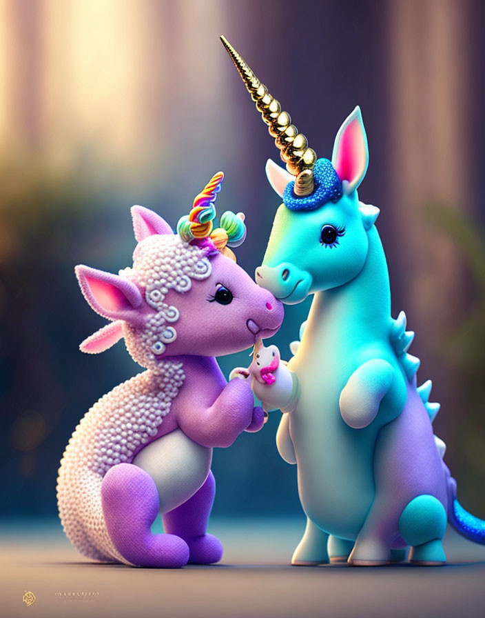 Colorful Stylized Unicorn Figures Touching Faces in Soft-Focus Background