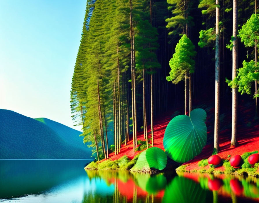 Tranquil lake with green trees and red vegetation reflecting under clear sky