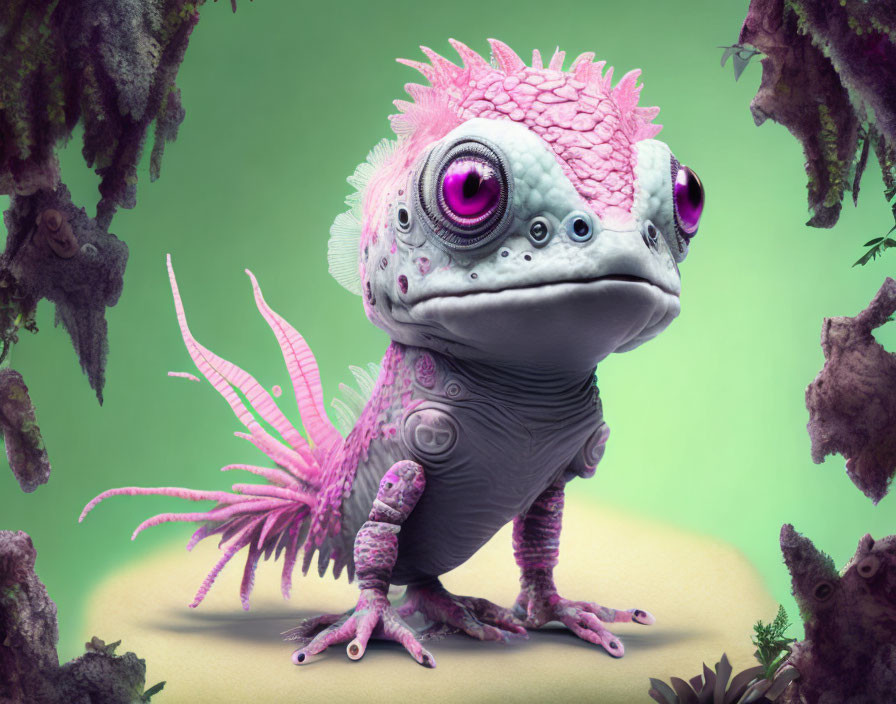 Fantasy creature: Pink and grey toad with purple eyes and intricate textures