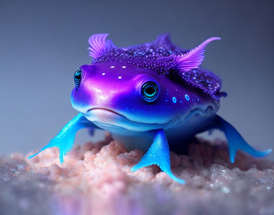 Colorful purple and blue creature with fish and frog features