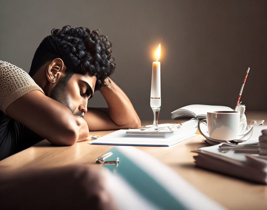 Person resting head on desk with candle, books, coffee, and writing materials depicting late-night fatigue.