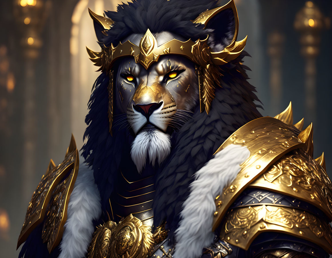 Regal anthropomorphic lion in golden armor and crown on grandiose backdrop