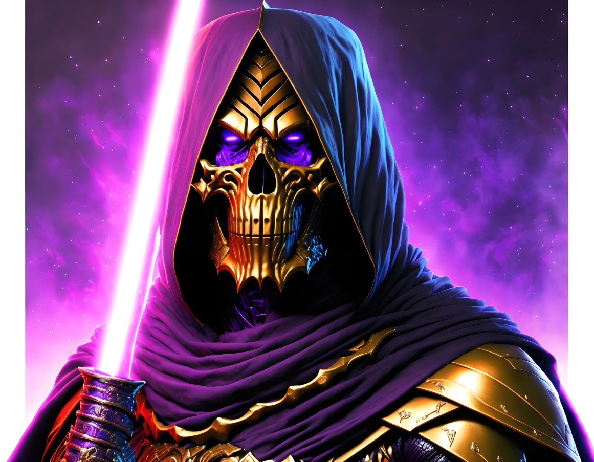 Hooded figure in golden armor wields purple lightsaber amid cosmic scene