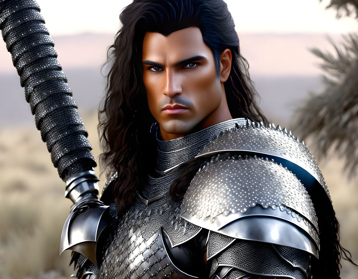 Male warrior digital artwork: stern expression, dark hair, silver armor, sword, natural backdrop.