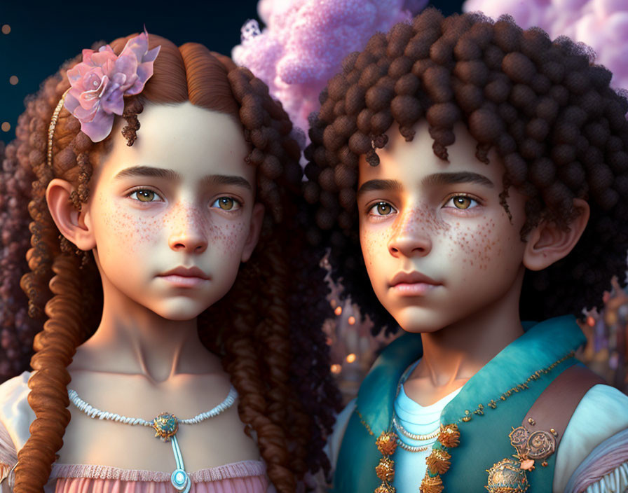 Detailed Digital Rendering of Two Children with Unique Features