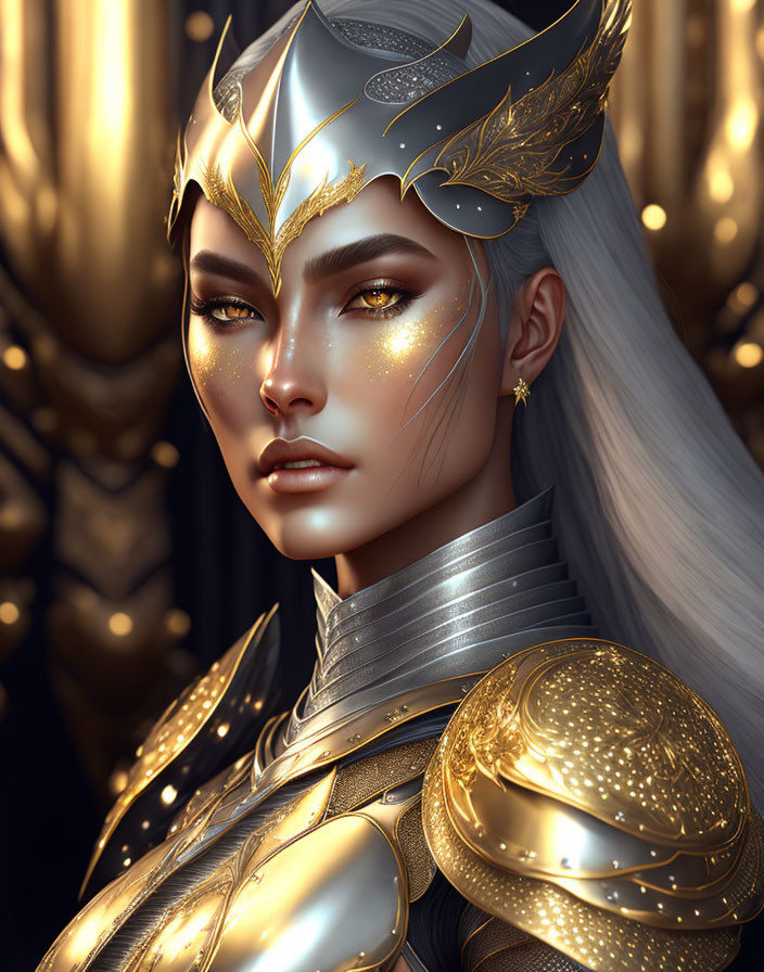 Digital art portrait of woman in golden armor with regal helmet, piercing gaze, and white hair.