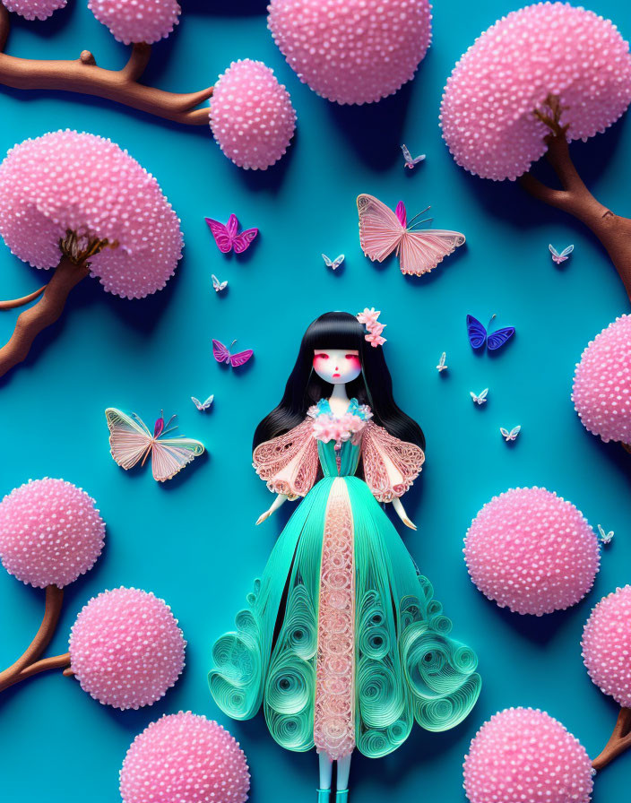 Stylized doll with black hair, blue dress, and pink wings in pink blossom and butterfly setting