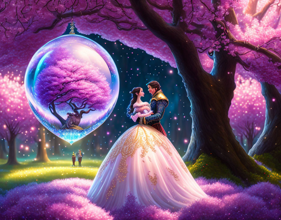 Fantastical image of royal couple under starry sky with glowing trees and floating orb.