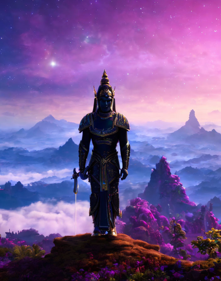 Majestic statue in mystical purple landscape with foggy mountains