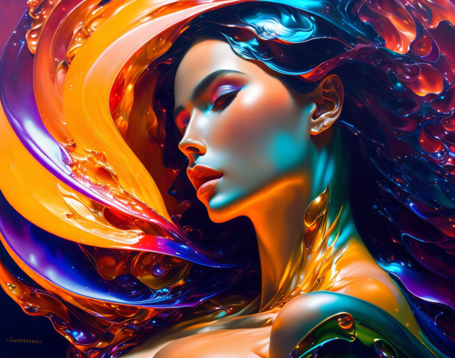 Colorful digital artwork: Woman's profile in swirling rainbow hues