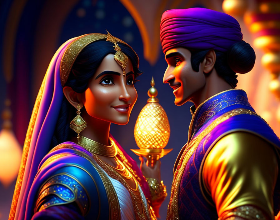 Traditional Indian Attire: Animated Couple Smiling in Vibrant Background