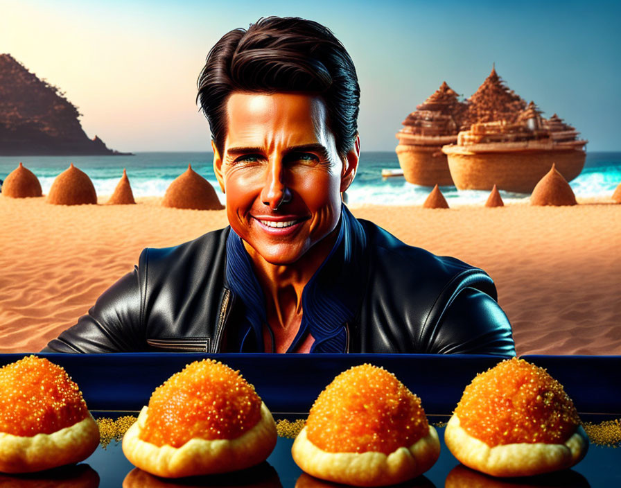 Smiling man on beach with caviar appetizers and ship scenery