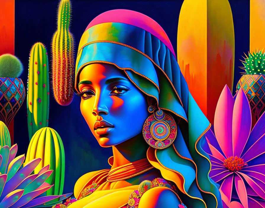 Colorful digital artwork: Woman with bold jewelry amidst vibrant cacti and flowers