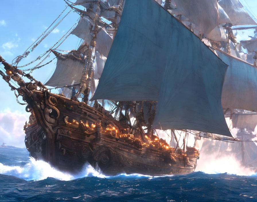 Tall Ship with Full Sails Tilted in Rough Seas Showing Fire Damage