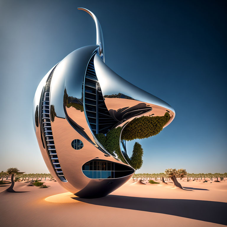 Reflective fish-shaped building in desert landscape with sparse trees